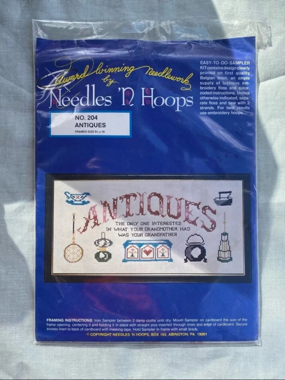 NWT vintage Needles 'n Hoops Antiques cross stitch linen sampler kit
